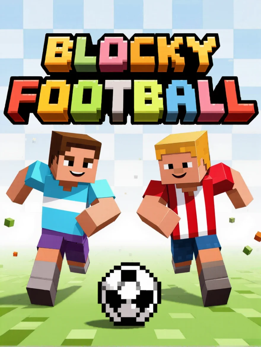 Blocky Football artwork: two blocky footballers racing for the ball under the game's colourful title