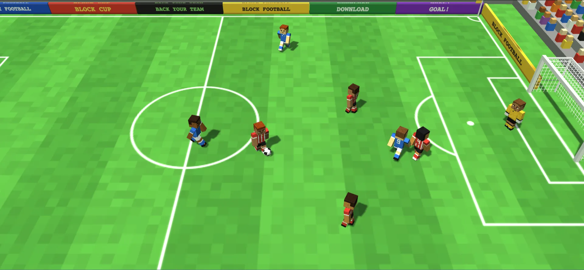Blocky players chasing the ball across the stadium pitch