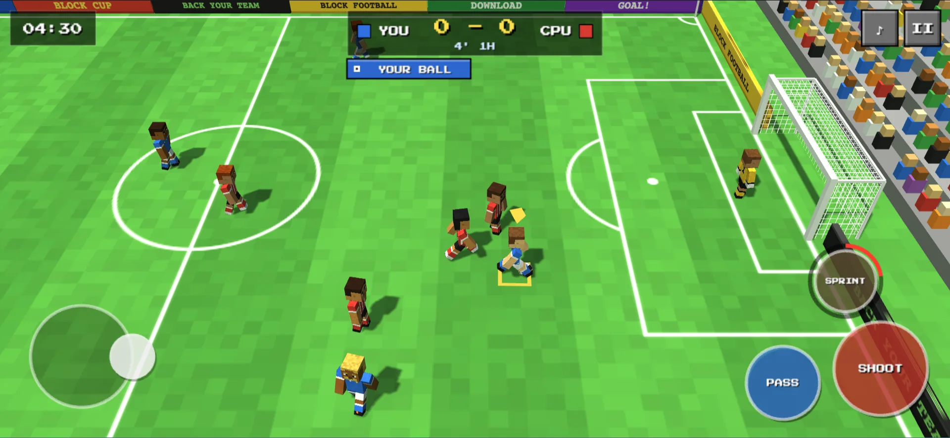 Attacking the penalty box with the on-screen joystick, pass and shoot buttons