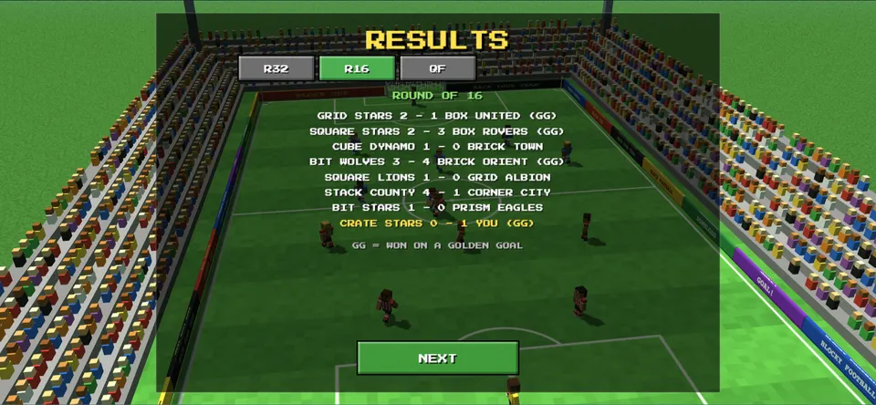 Cup results for the Round of 16, with ties settled by golden goal marked GG