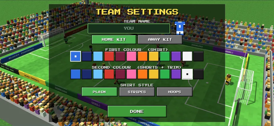 Team settings: team name, home and away kits, colours and shirt style