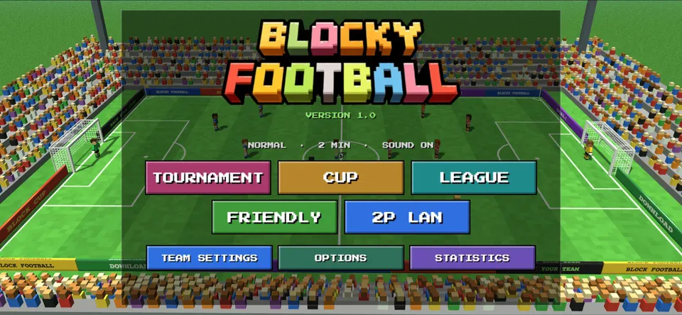 Title screen: Tournament, Cup, League, Friendly and 2P LAN over a live demo match