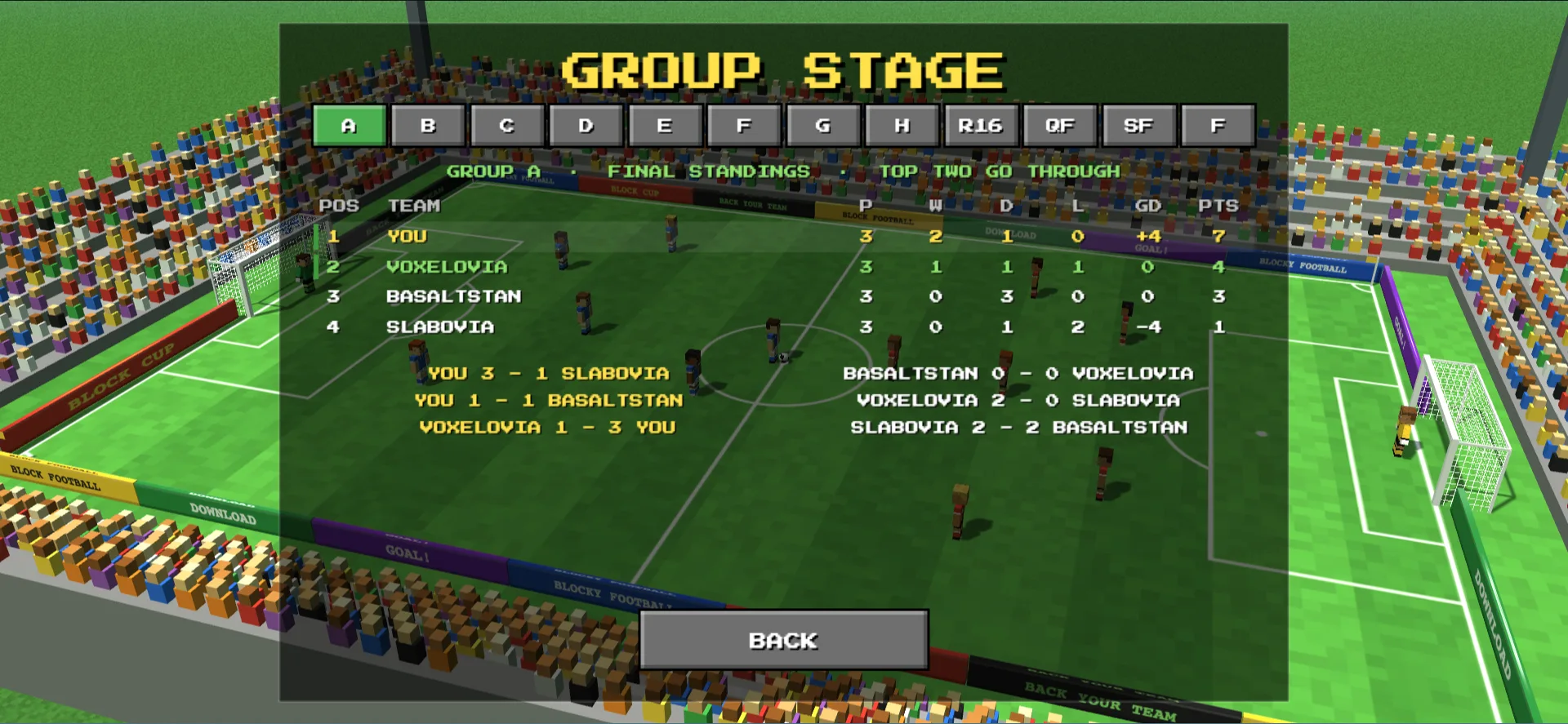 Tournament group table with your team top of Group A
